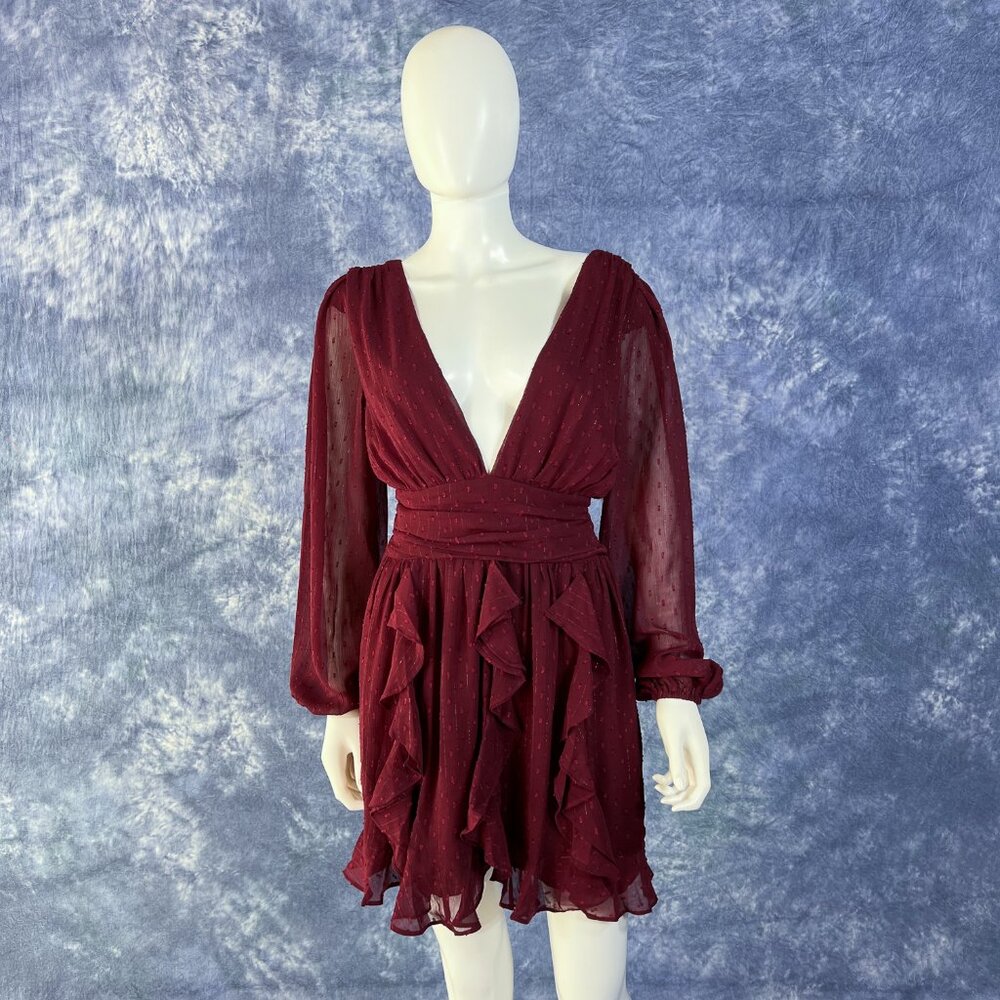 NWT Lush Maroon Deep V-Neck Ruffle Mini Dress S